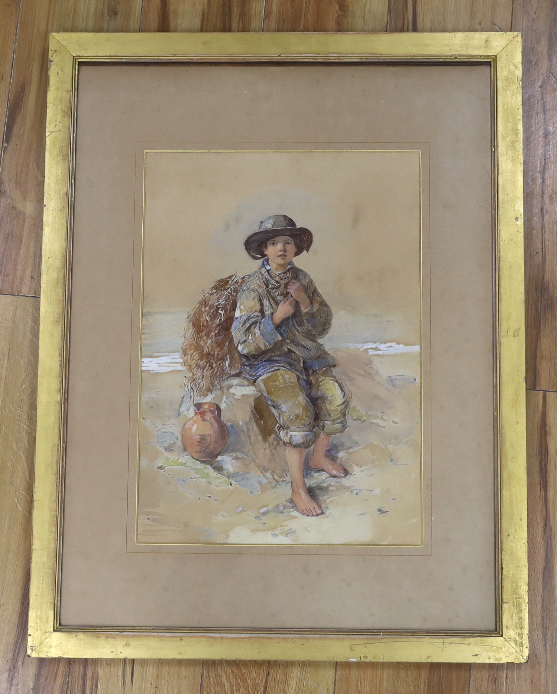 Manner of Octavius Oakley RWS (1800-1867), heightened watercolour, Seaweed gatherer, 48 x 34cm